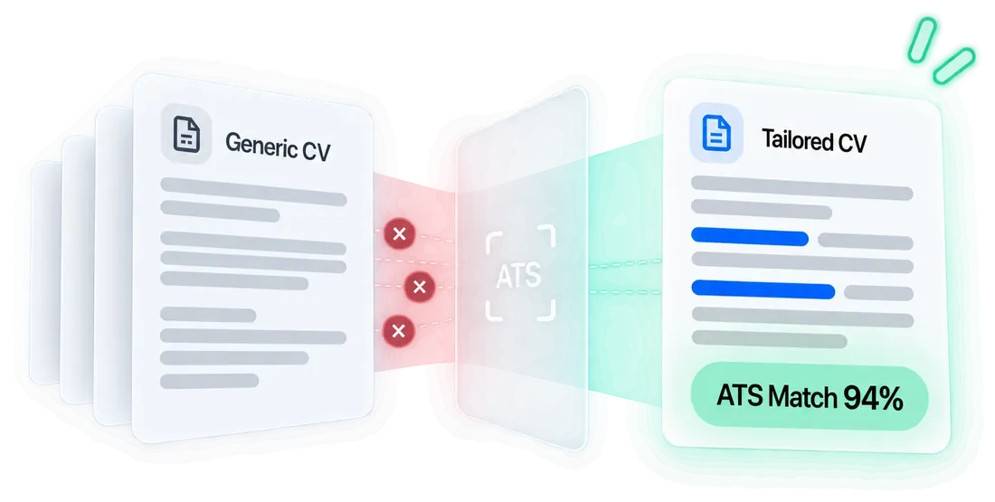 A stack of identical CVs stopped by an applicant tracking system, and one tailored CV passing through it with the matching lines picked out.